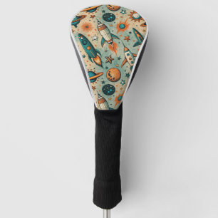 Whimsical Cosmic Rockets Stars Teal Coral Golf Head Cover