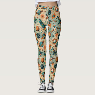 Whimsical Cosmic Rockets Stars Teal Coral Leggings