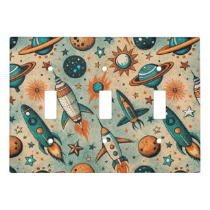 Whimsical Cosmic Rockets Stars Teal Coral Light Switch Cover