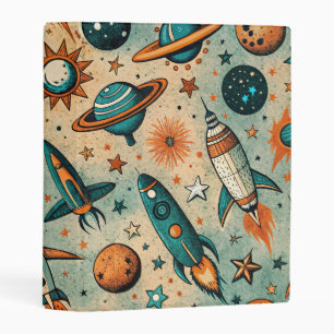 Whimsical Cosmic Rockets Stars Teal Coral Mini Binder