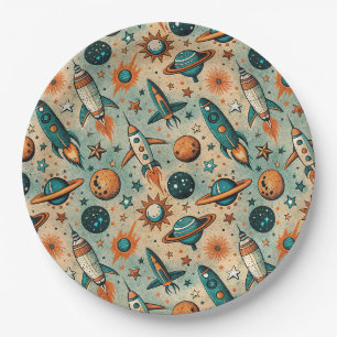 Whimsical Cosmic Rockets Stars Teal Coral Paper Plates