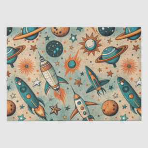 Whimsical Cosmic Rockets Stars Teal Coral Tissue Paper