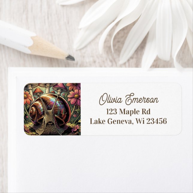 Whimsical Cosmic Snail & Mushroom Garden   Label (Insitu)
