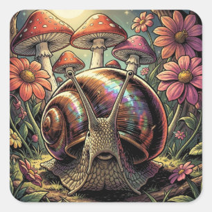 Whimsical Cosmic Snail & Mushroom Garden Square Sticker