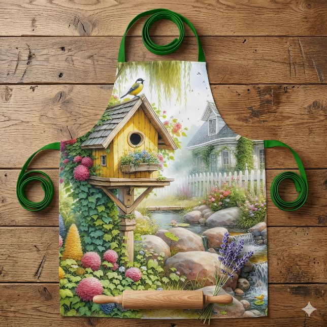 Whimsical Cottage Garden Birdhouse Stream Apron (Whimsical Cottage Garden Birdhouse Stream Apron)