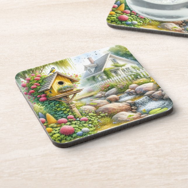 Whimsical Cottage Garden Birdhouse Stream Beverage Coaster (Left Side)