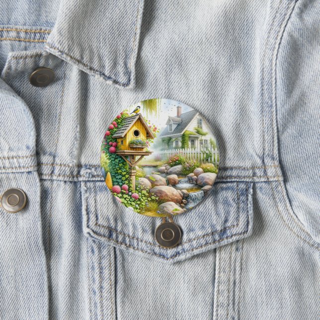 Whimsical Cottage Garden Birdhouse Stream Button (In Situ)