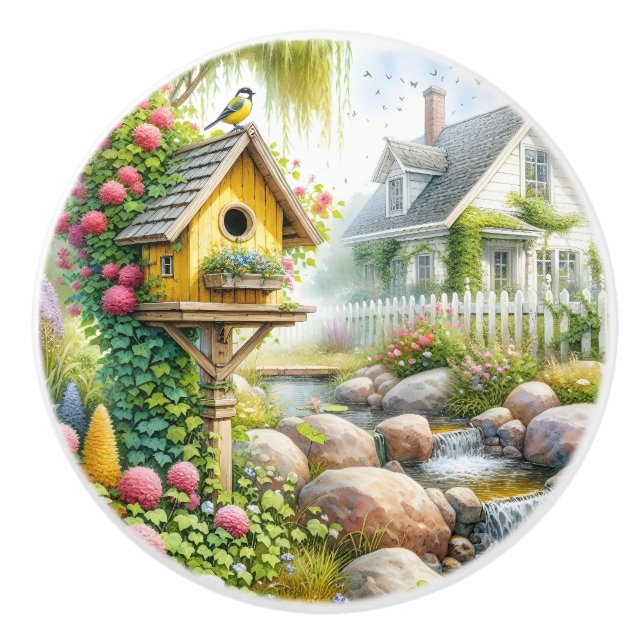 Whimsical Cottage Garden Birdhouse Stream Ceramic Knob (Front)