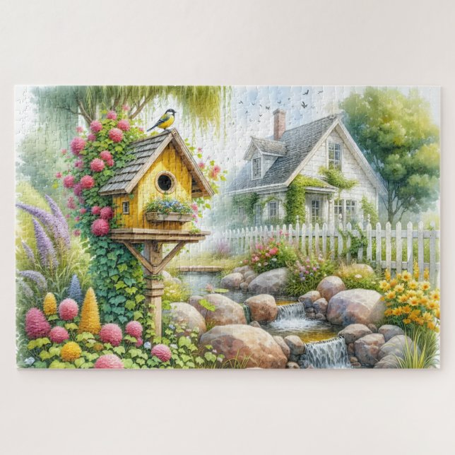 Whimsical Cottage Garden Birdhouse Stream Jigsaw Puzzle (Horizontal)