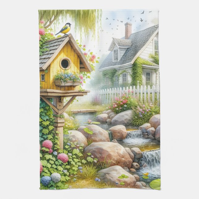 Whimsical Cottage Garden Birdhouse Stream Kitchen Towel (Vertical)