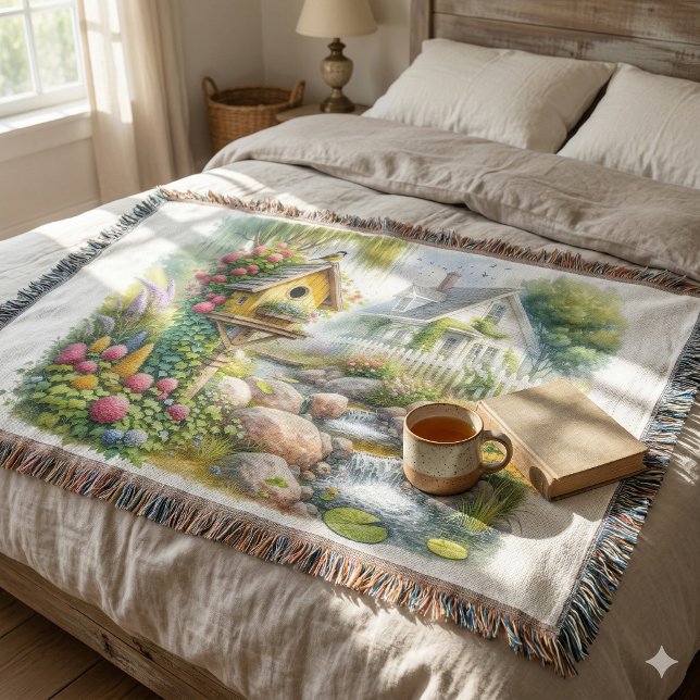 Whimsical Cottage Garden Birdhouse Stream Throw Blanket (Whimsical Cottage Garden Birdhouse Stream Throw Blanket )