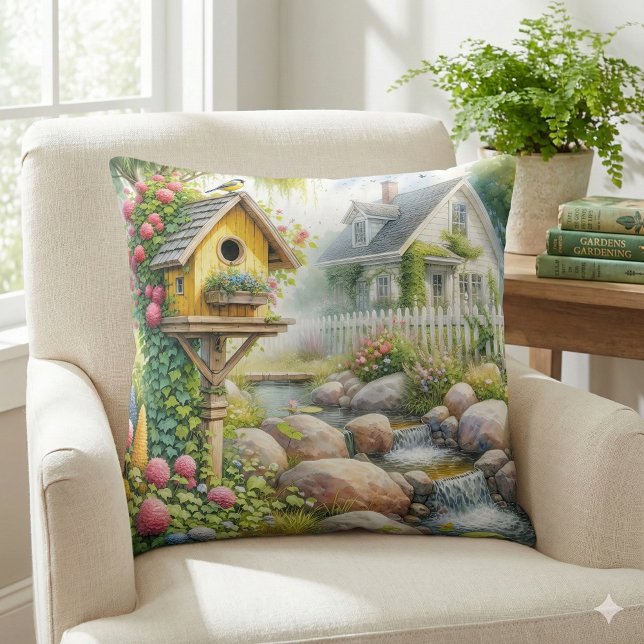 Whimsical Cottage Garden Birdhouse Stream Throw Pillow (Whimsical Cottage Garden Birdhouse Stream Throw Pillow Mockup A)