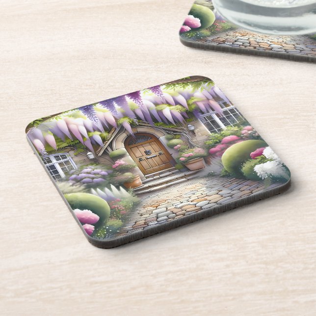 Whimsical Cottage Garden Pathway Beverage Coaster (Left Side)