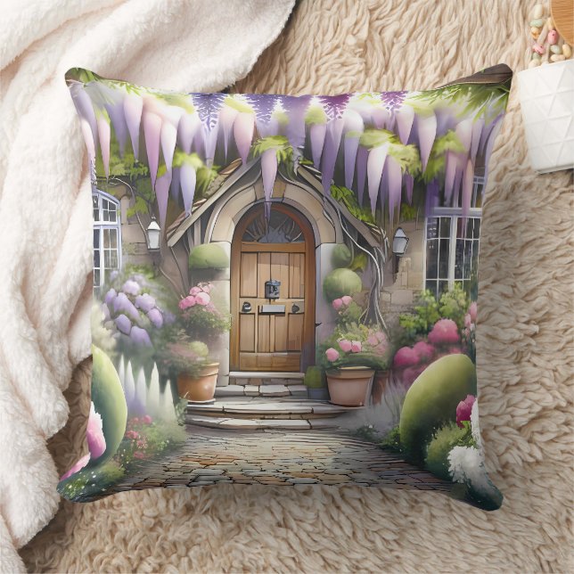 Whimsical Cottage Garden Pathway Throw Pillow (Blanket)