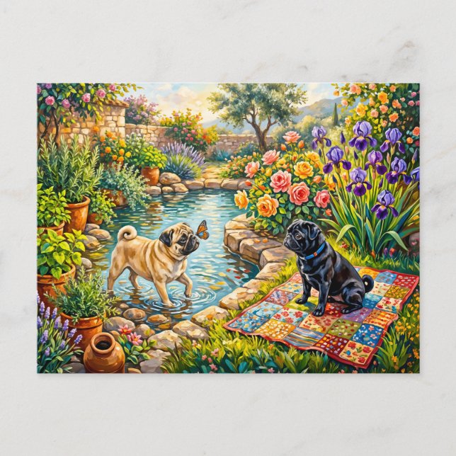 Whimsical Cottage Garden Pond Mops Illustration Postcard (Front)