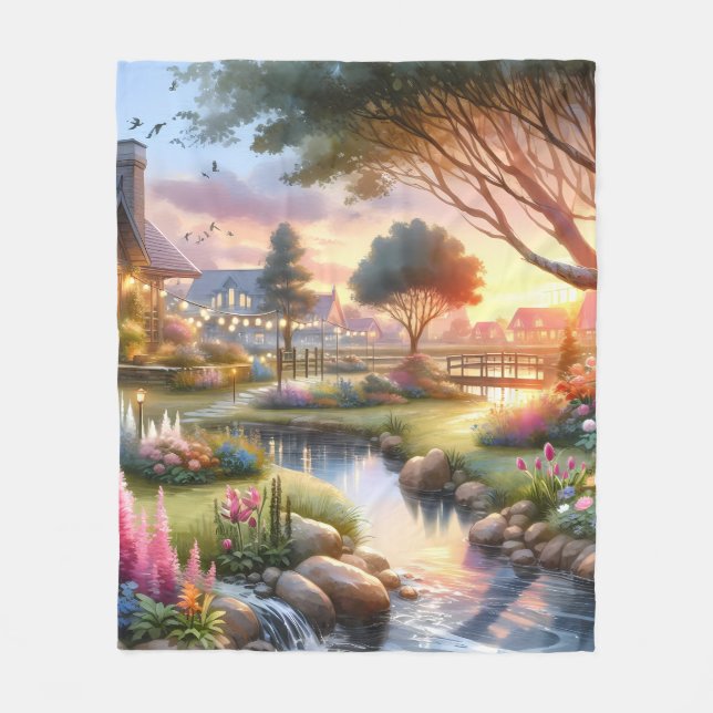 Whimsical Cottage Garden Sunset Fleece Blanket (Front)