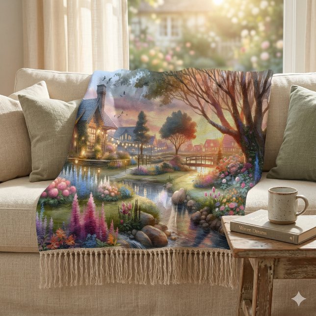 Whimsical Cottage Garden Sunset Throw Blanket (Whimsical Cottage Garden Sunset Throw Blanket)