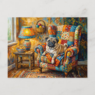 Whimsical Cottage Mops Dog Armchair Illustration Holiday Postcard