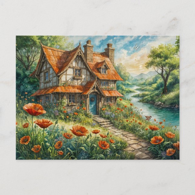 Whimsical Cottage with Poppy Flowers Postcard (Front)