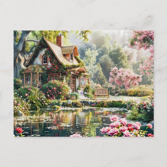 Whimsical Cottage with Rhododendrons and Pond Postcard (Front)