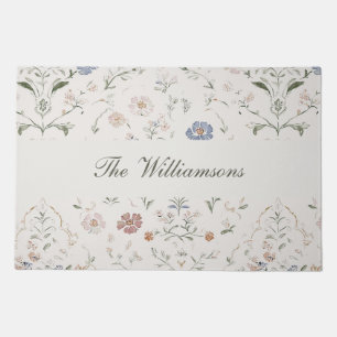 Whimsical Cottagecore Beige Monogram Name Floral Doormat