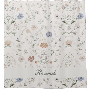 Whimsical Cottagecore Beige Monogram Name Floral Shower Curtain