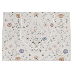Whimsical Cottagecore Beige Watercolor Floral Large Gift Bag