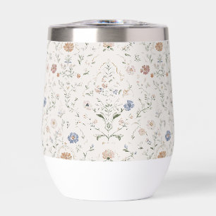 Whimsical Cottagecore Beige Watercolor Wildflower Thermal Wine Tumbler