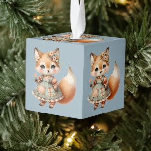 Whimsical Cottagecore Floral Pastel Fox Cube Ornament