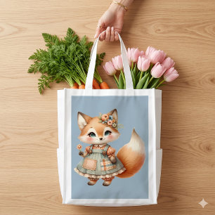 Whimsical Cottagecore Floral Pastel Fox Grocery Bag