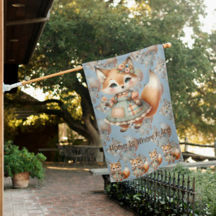 Whimsical Cottagecore Floral Pastel Fox House Flag