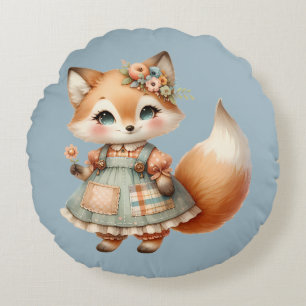 Whimsical Cottagecore Floral Pastel Fox Round Pillow