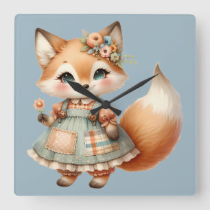 Whimsical Cottagecore Floral Pastel Fox Square Wall Clock