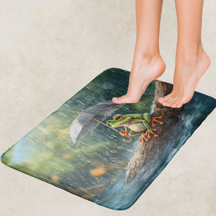 Whimsical Cottagecore Frog Woodland Rainy Day Bath Mat