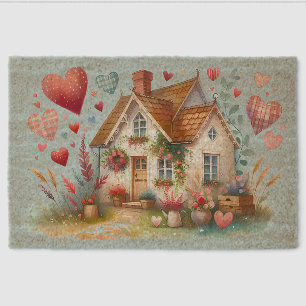 Whimsical Cottagecore Heart House Art Fiber Doormat