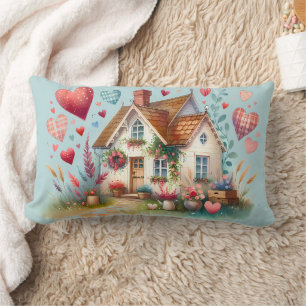 Whimsical Cottagecore Heart House Art Lumbar Pillow