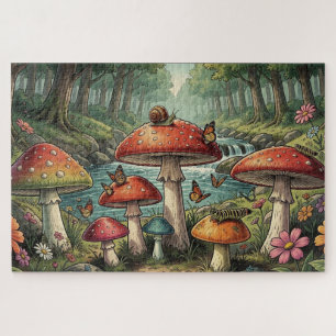 Whimsical Cottagecore Mushrooms Forest Scene Jigsaw Puzzle