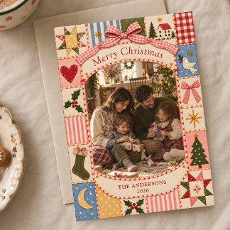 Whimsical Cottagecore Quilt Christmas Family Photo Holiday Card