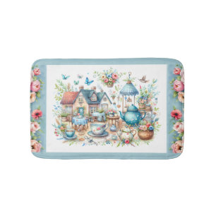 Whimsical Cottagecore Tea Garden Scene Bath Mat