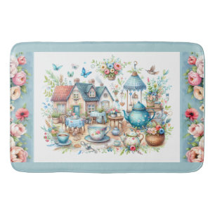Whimsical Cottagecore Tea Garden Scene Bath Mat