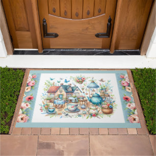 Whimsical Cottagecore Tea Garden Scene Doormat
