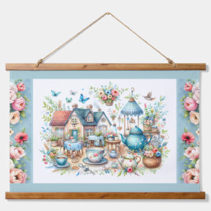 Whimsical Cottagecore Tea Garden Scene Hanging Tapestry