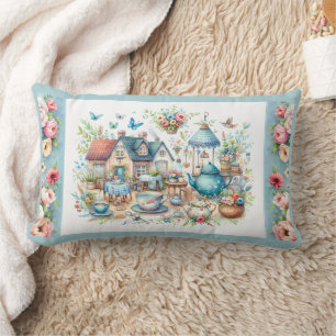 Whimsical Cottagecore Tea Garden Scene Lumbar Pillow