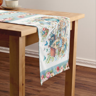 Whimsical Cottagecore Tea Garden Scene Medium Table Runner