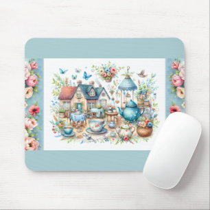 Whimsical Cottagecore Tea Garden Scene Mouse Pad