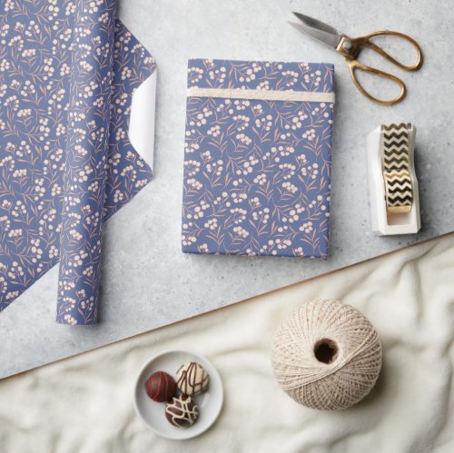 Whimsical Cotton Flower Blue Wrapping Paper