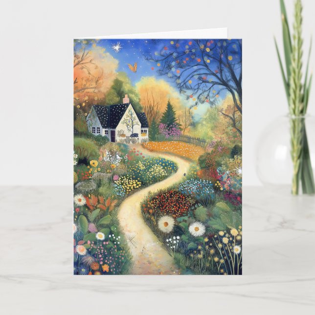 Whimsical Country Cottage Scene Hello Greeting Card (Front)