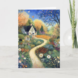 Whimsical Country Cottage Scene Hello Greeting Card