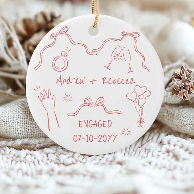 Whimsical couple engaged handdrawn doodle keepsake ceramic ornament (Creator Uploaded)