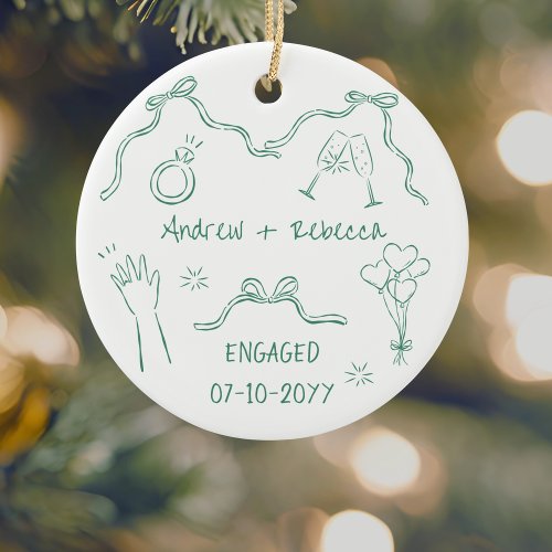 Whimsical couple engaged handdrawn doodle keepsake ceramic ornament